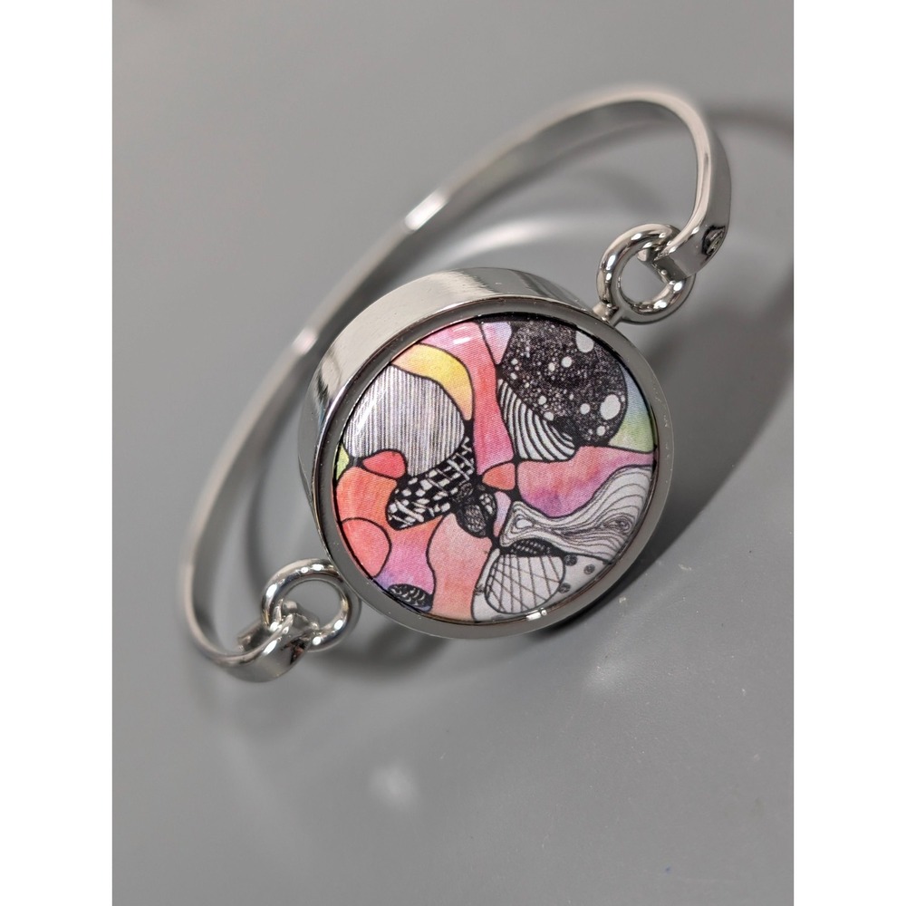 Artsonia Pop Art Bracelet Colorful Silver Tone Cuff Pink Yellow 6"